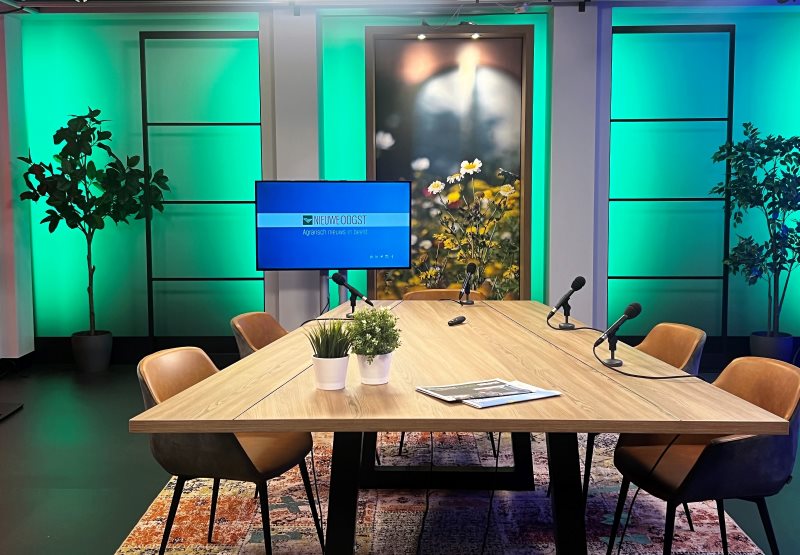 Professional webinar and talk show studio setting with multiple cameras and lighting