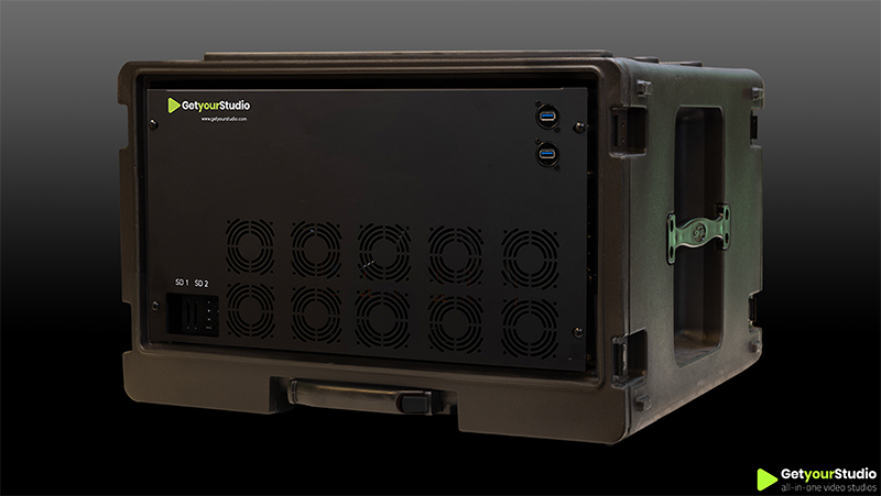 Front view of the Studio-in-a-Box flight case with a color-coded connection panel for quick and easy setup.